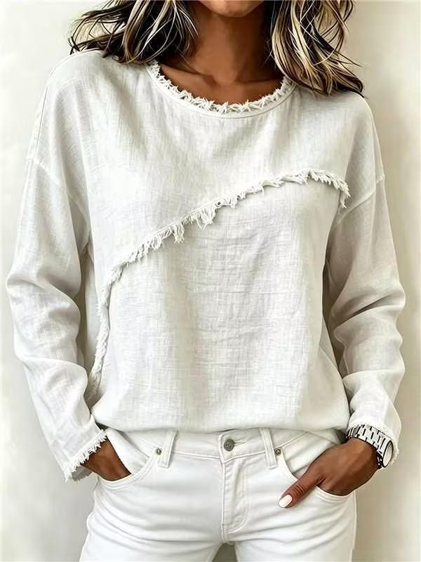 Round-Neck Patchwork Lace Long-Sleeve Top