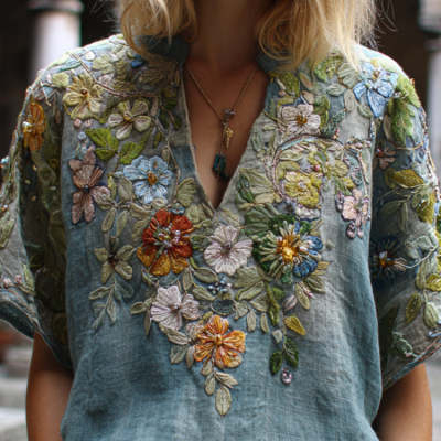 V-neck Elegant Artistic Retro-Style Short-Sleeve Womens Top