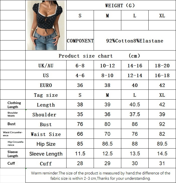 Size chart for Square-Neck Polka Dot Puff Sleeve Top