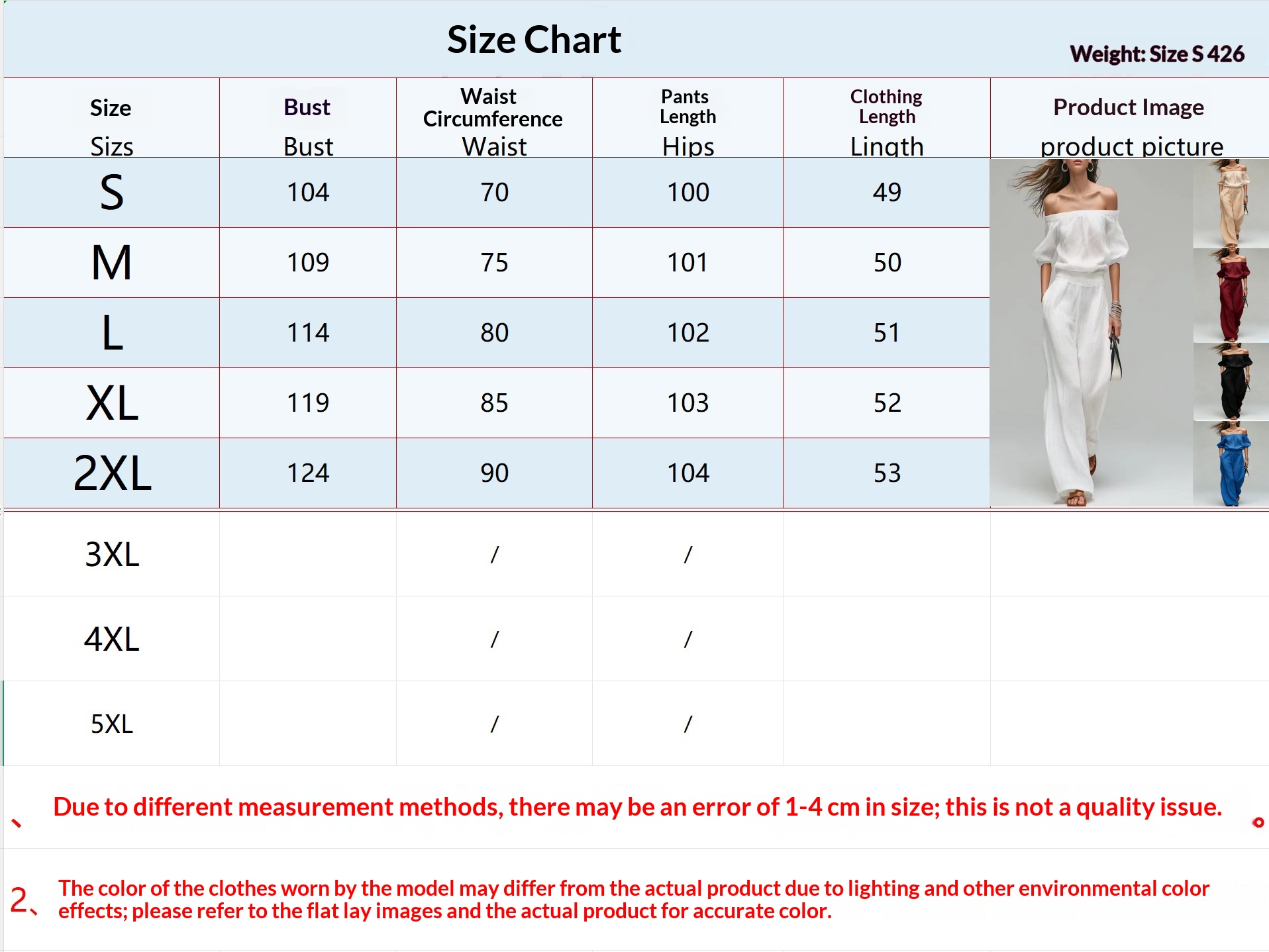Size chart for Women's Linen-Blend Blouse & Wide-Leg Pants Set