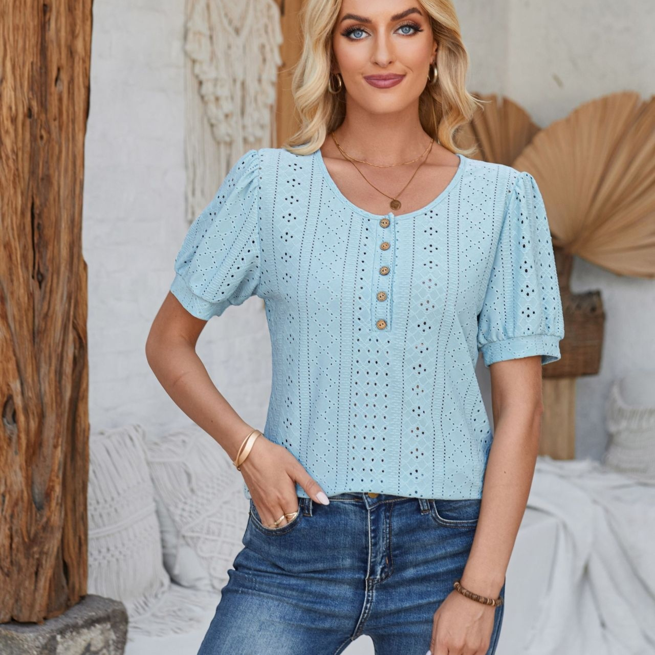 Cross-Border Loose T-Shirt With Buttons Round Neck And Puff Sleeves