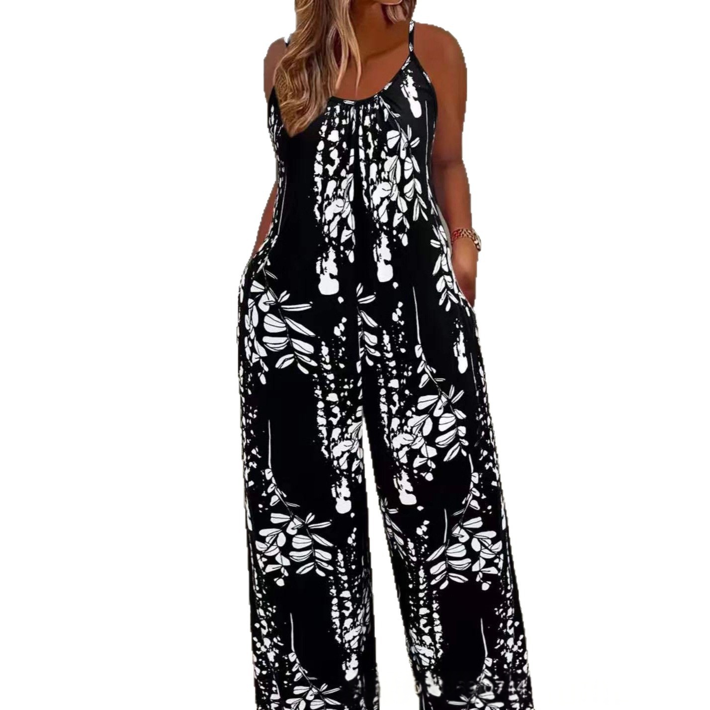 European And American Plus-Size Womens Fashionable Printed Strap Jumpsuit