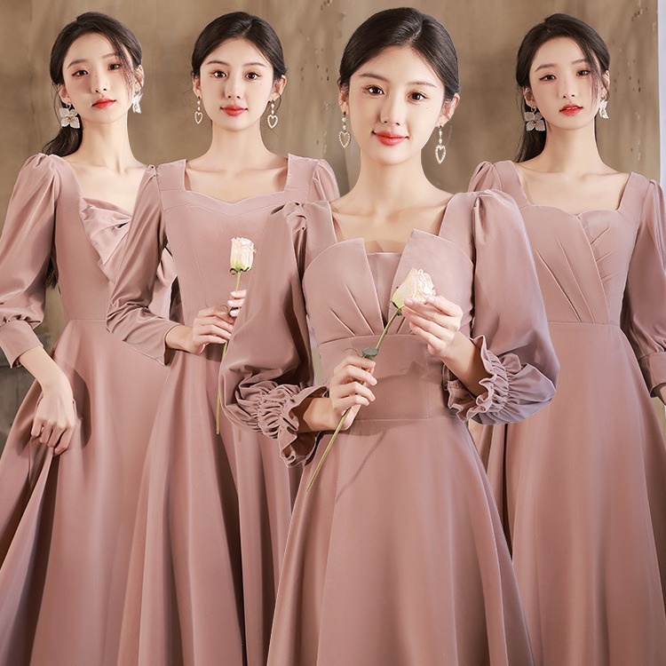 Long-sleeved Velvet Sister-crew Evening Dress For Women
