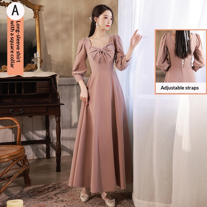 Long-sleeved Velvet Sister-crew Evening Dress For Women