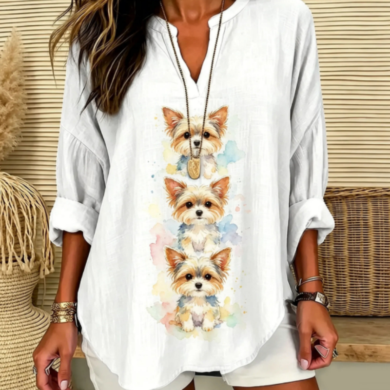 Vintage Yorkie Dog Print Casual V-neck Blouse