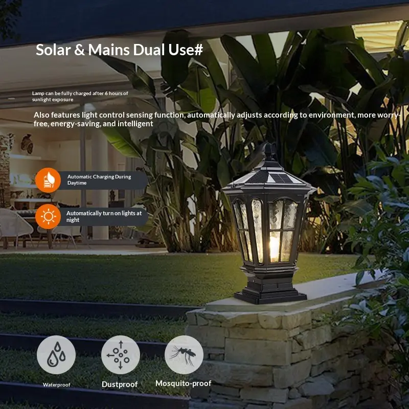 Pillar-top Solar-powered Outdoor Waterproof Lamp For Courtyards
