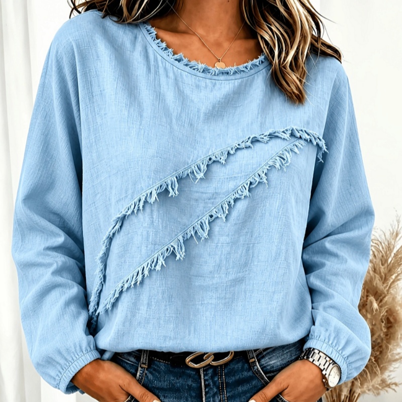 Round-neck Patchwork Lace Long-sleeved Casual Shirt
