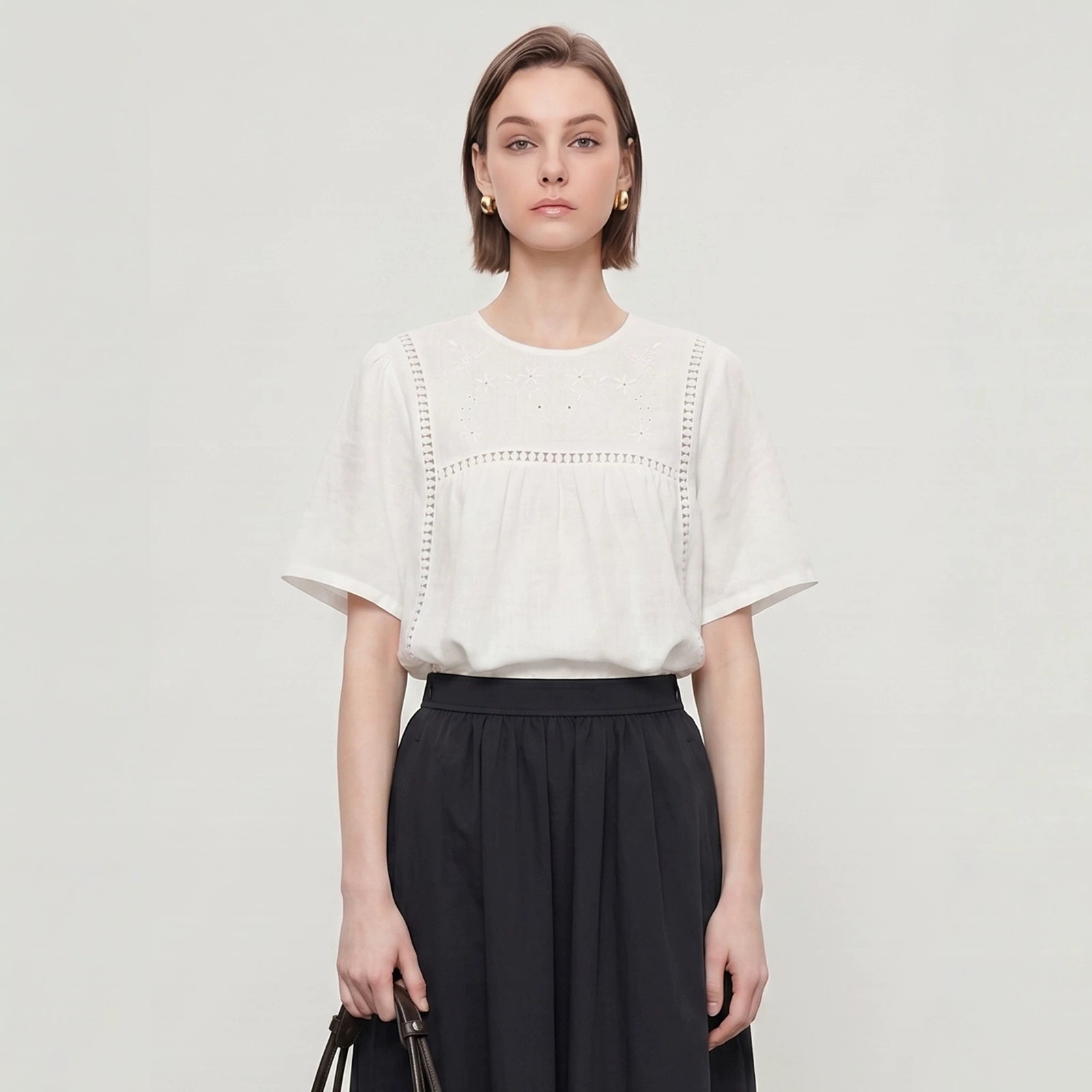 Embroidered Hollow-Out Linen Shirt For Women