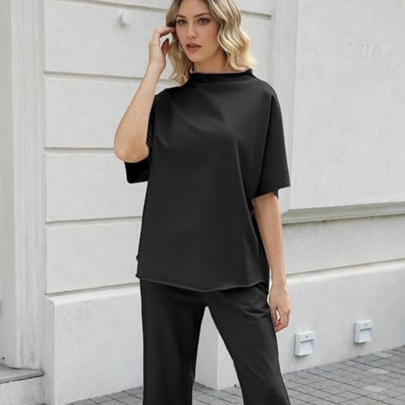 Womens Solid-Color Wide-Leg Casual Loose Set