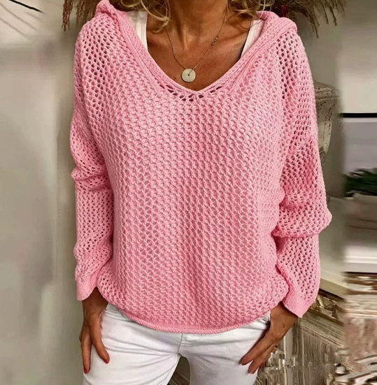 Sun Protection Knitted Hooded Sun Protection Clothing Hooded Thin Loose Sweater Pink S