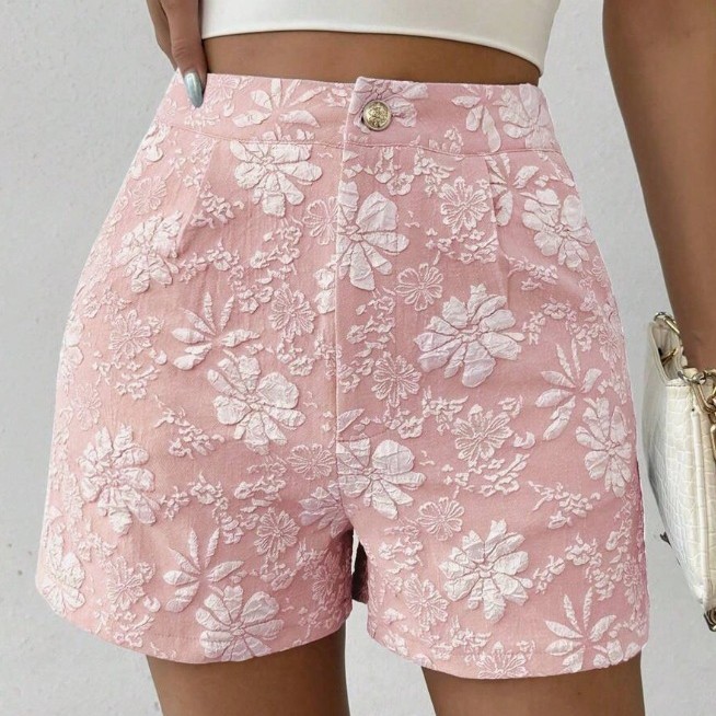 Textured Jacquard Elegant High Waist Straight Shorts