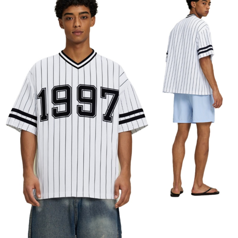 Color-block Ribbed V-neck Short-sleeve Mens T-shirt Loose-fit Striped Design