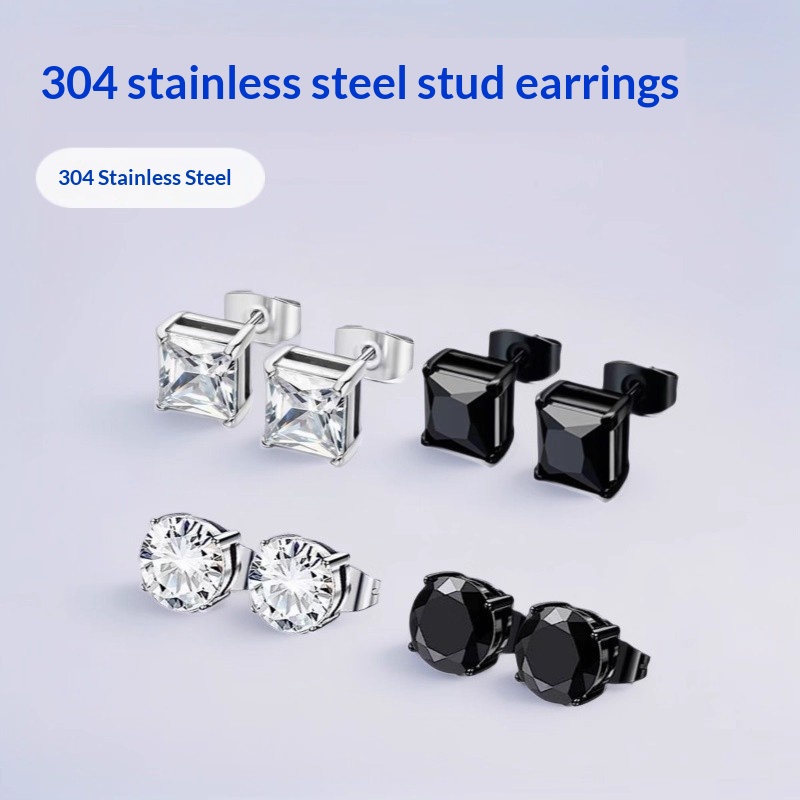 Round And Square Zircon Stud Earrings Stainless St