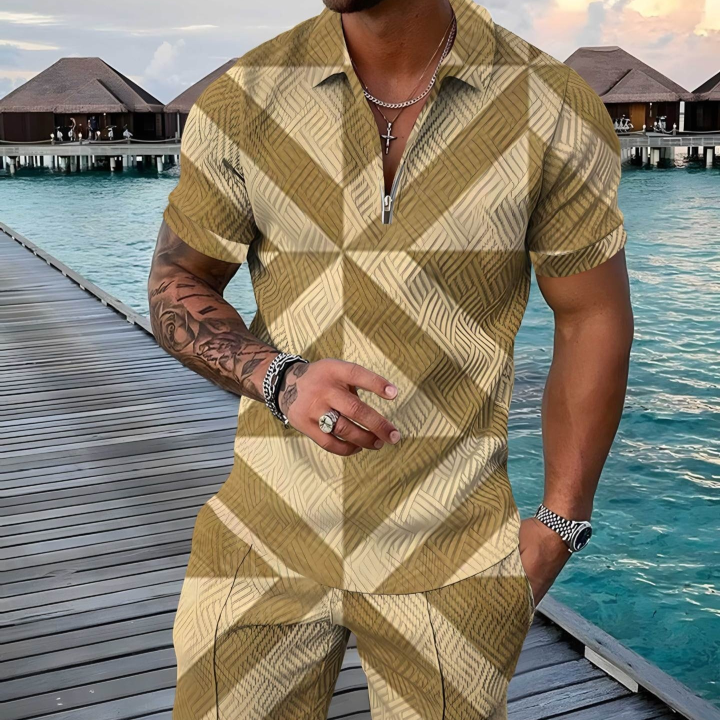 Fashion Zipper Polo Shirt Suit Men's Casual 3D Printed Polo Shirt Shorts