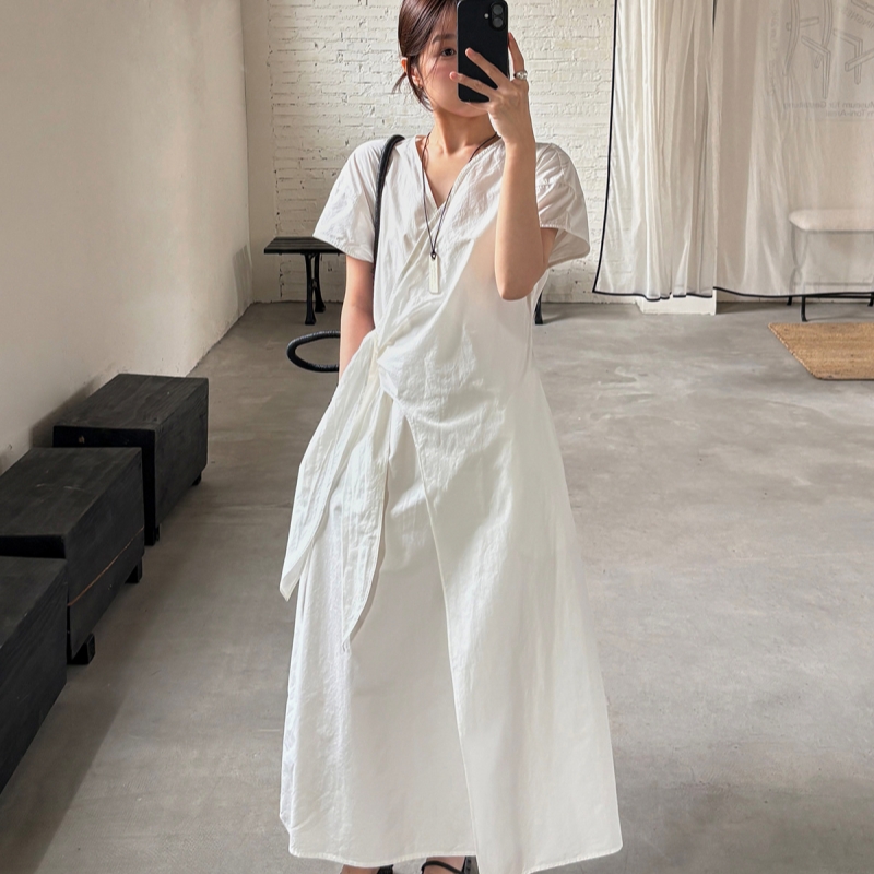 TG Minimalist Relaxed-Feel Wrap V-Neck Lace-Up Dress