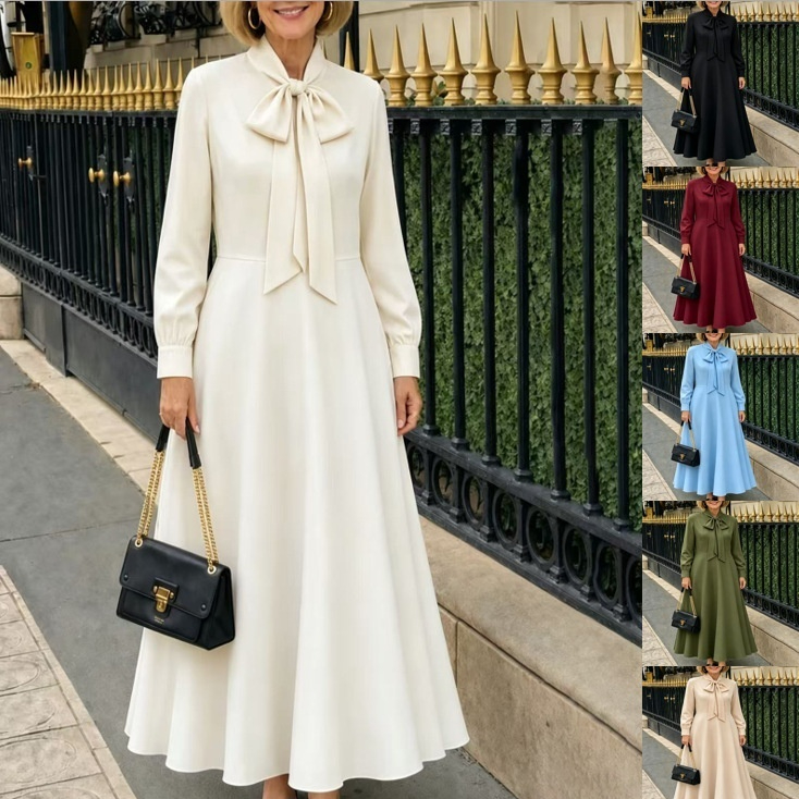 Springautumn Long-sleeve Puff-sleeve Dress With Bow Details At The Hem