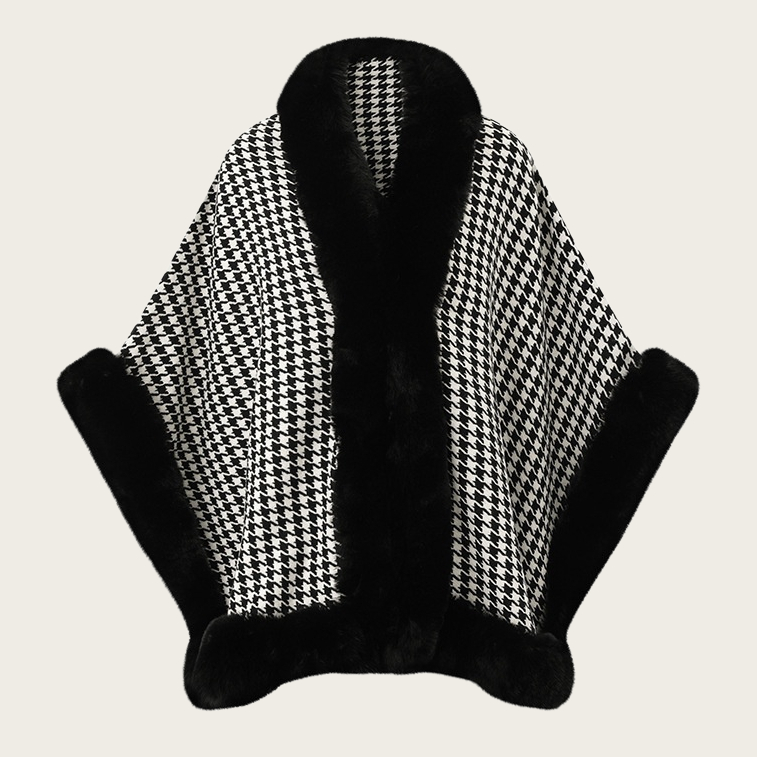 Mid-length Oversized Fur-collar Houndstooth Shawl