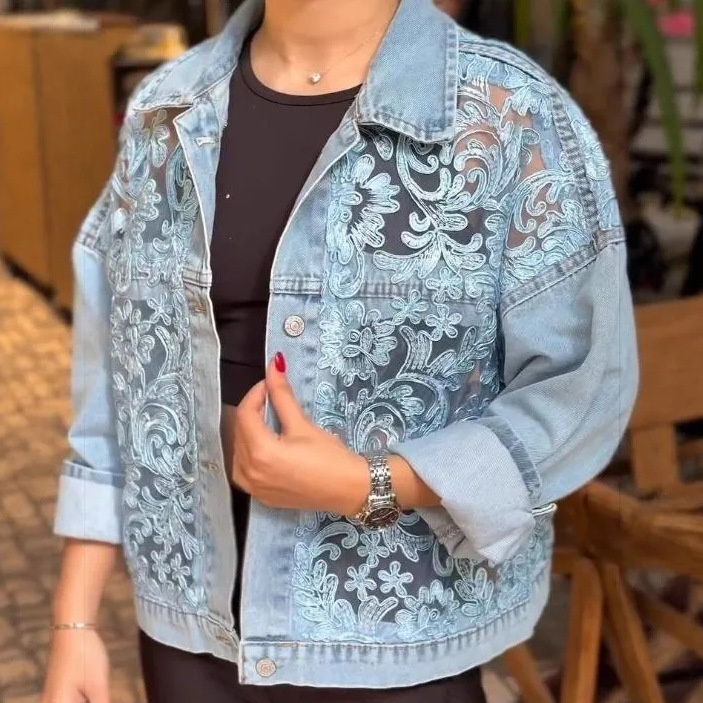 Stylish Casual Lace-panel Denim Jacket Comfortable And Short-length