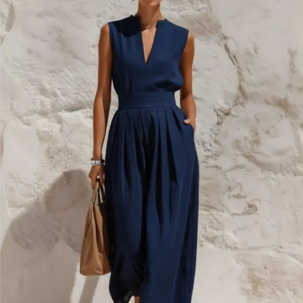 Sleeveless Pullover Solid-color High-waisted Loose-fitting Jumpsuit