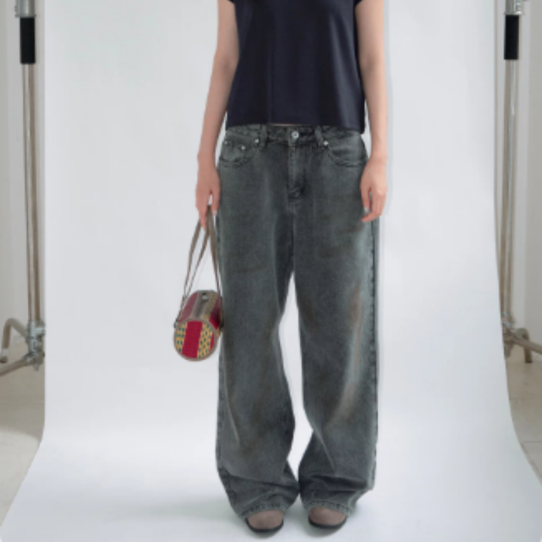 Smoke Grey Washed Denim Jeans Straight Tube