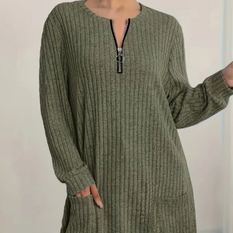 Round-neck Plaid Solid-color Pocket Long Shirt