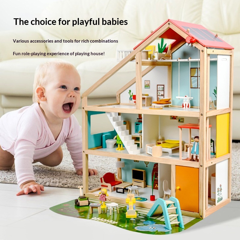 Childrens Wooden Playhouse Three-story Villa Dollhouse Toy For Role-playing