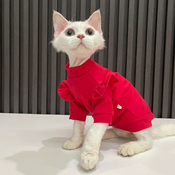 Red T-shirt With Ruffles Hairless Cat Clothing Sphynx And Devon Rex Apparel