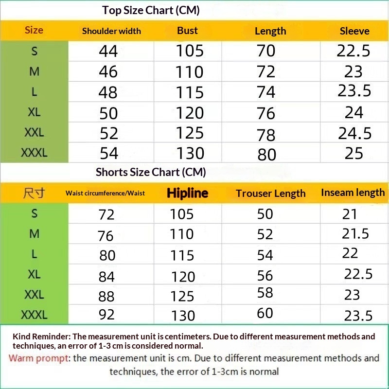 Size chart for Men's V-Neck T-Shirt & Shorts Set