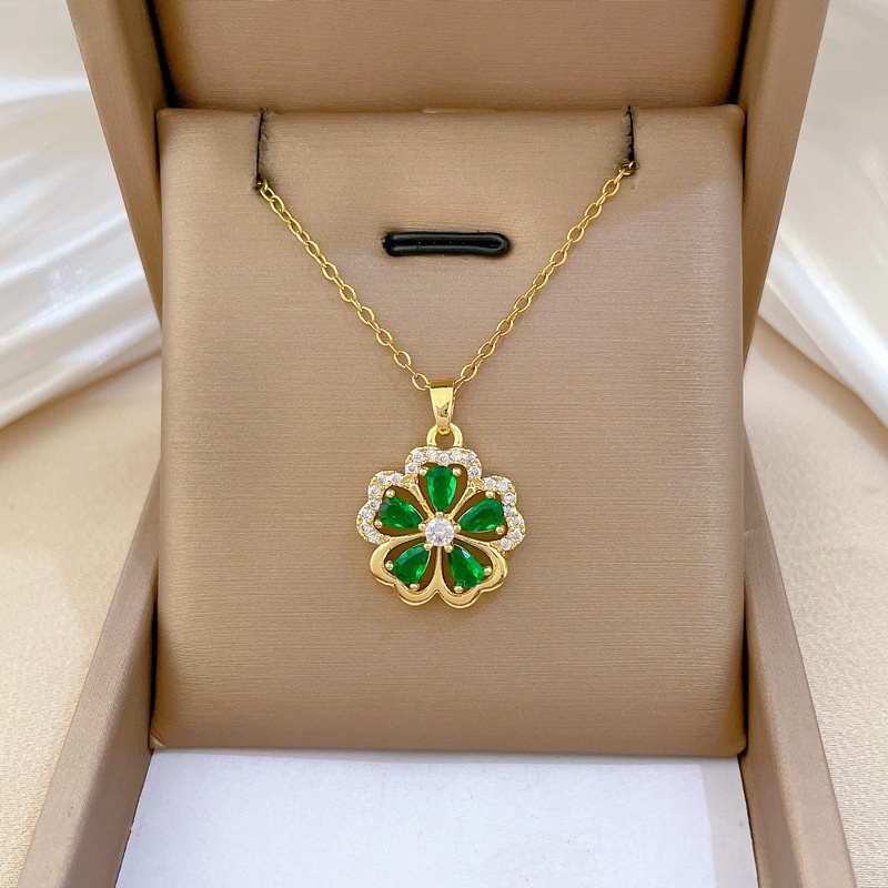 Five-Leaf Flower Green Full-Diamond Necklace For Women