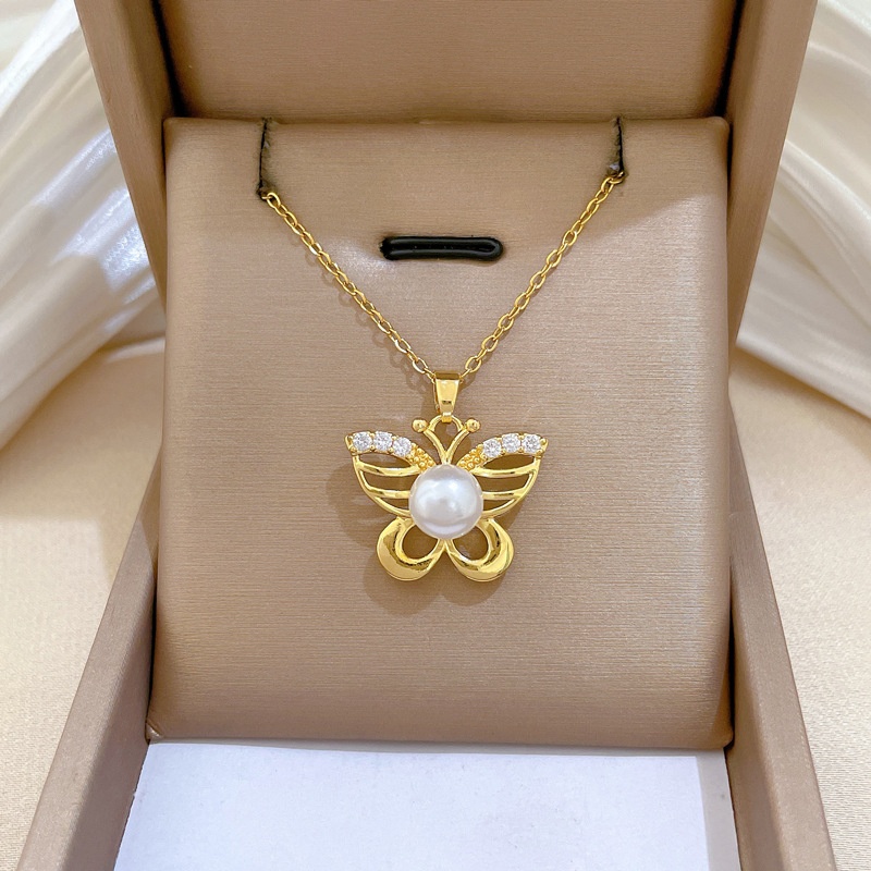 Filigree Butterfly Pearl Full-diamond Necklace For Women