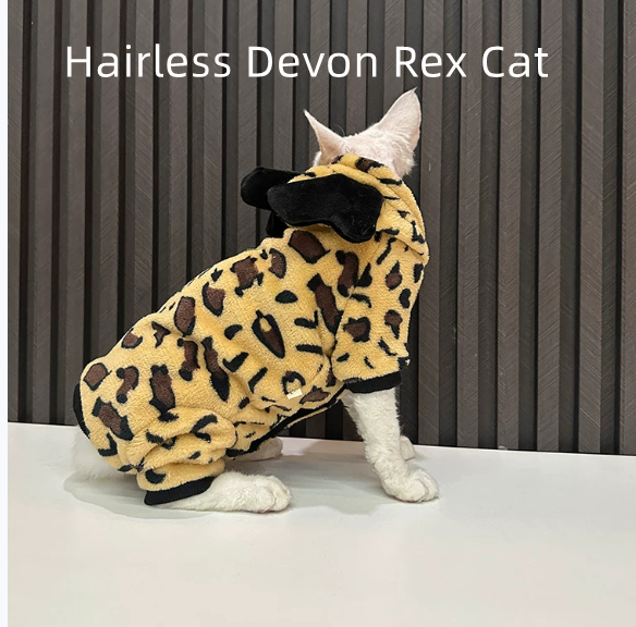 Pijama de cuatro patas, grueso, cálido y con forro polar, con estampado de leopardo, para gatos sin pelo de raza Sphynx y Devon Rex