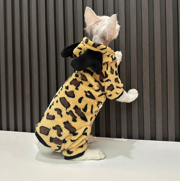 Pijama de cuatro patas, grueso, cálido y con forro polar, con estampado de leopardo, para gatos sin pelo de raza Sphynx y Devon Rex