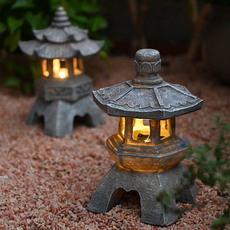 Solar Powered Stone Tower Lamp Chinese Style Stone Lantern Floor Standing Landscape Ornament
