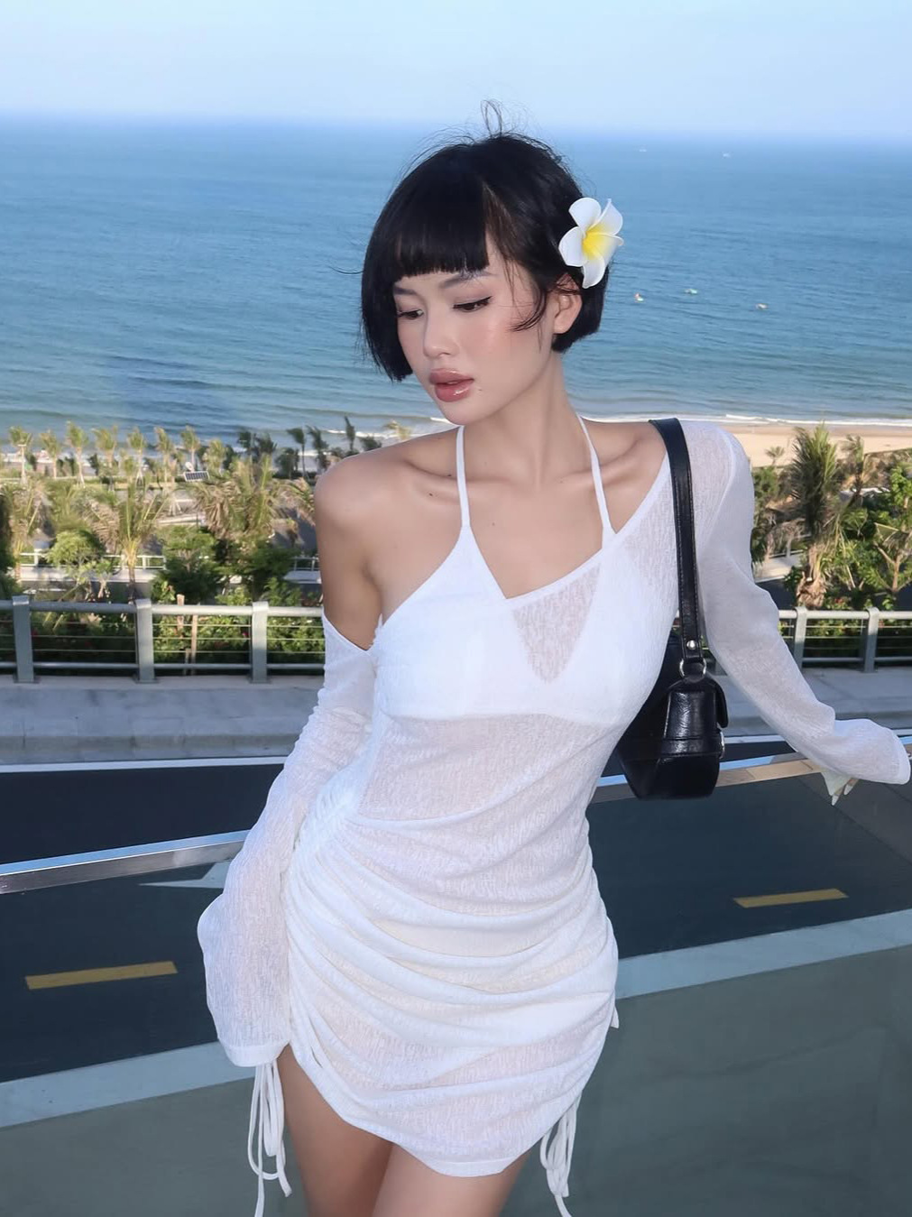 SpringSummer Solid-color Fashionable Hollow-out Sheer Off-shoulder Beach Bodycon Dress