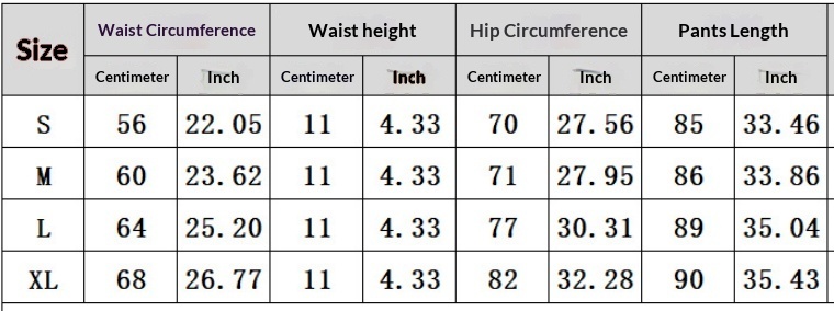 Women's seamless tie-dye yoga pants size chart – S, M, L, XL measurements