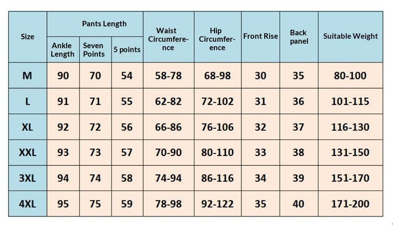 Camouflage shark yoga pants size chart – detailed measurements for M through 4XL