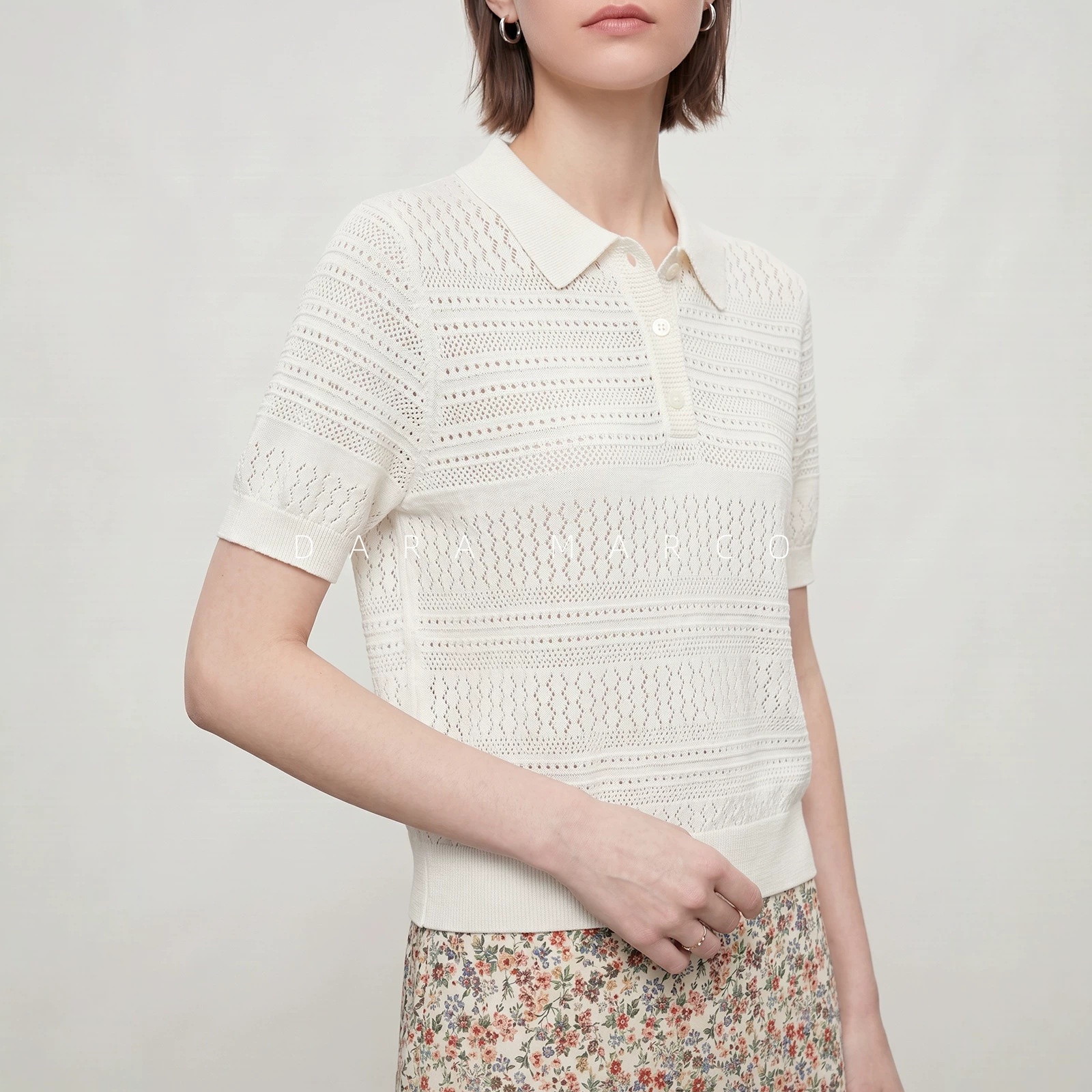Breathable, Preppy-style Knitted Top With A Turn-down Collar And Short Sleeves For Summer