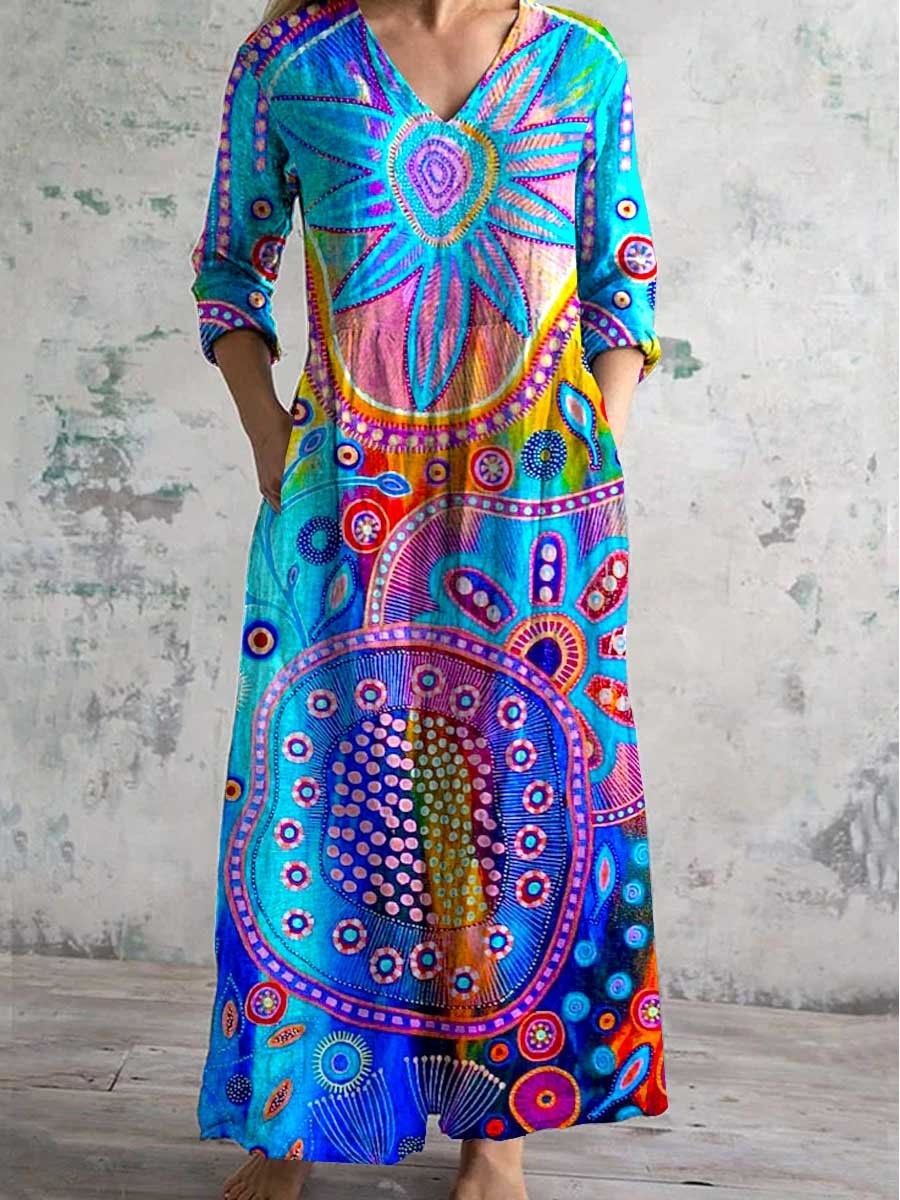 Fashionable 3D Digital-print Long-sleeve V-neck Dress