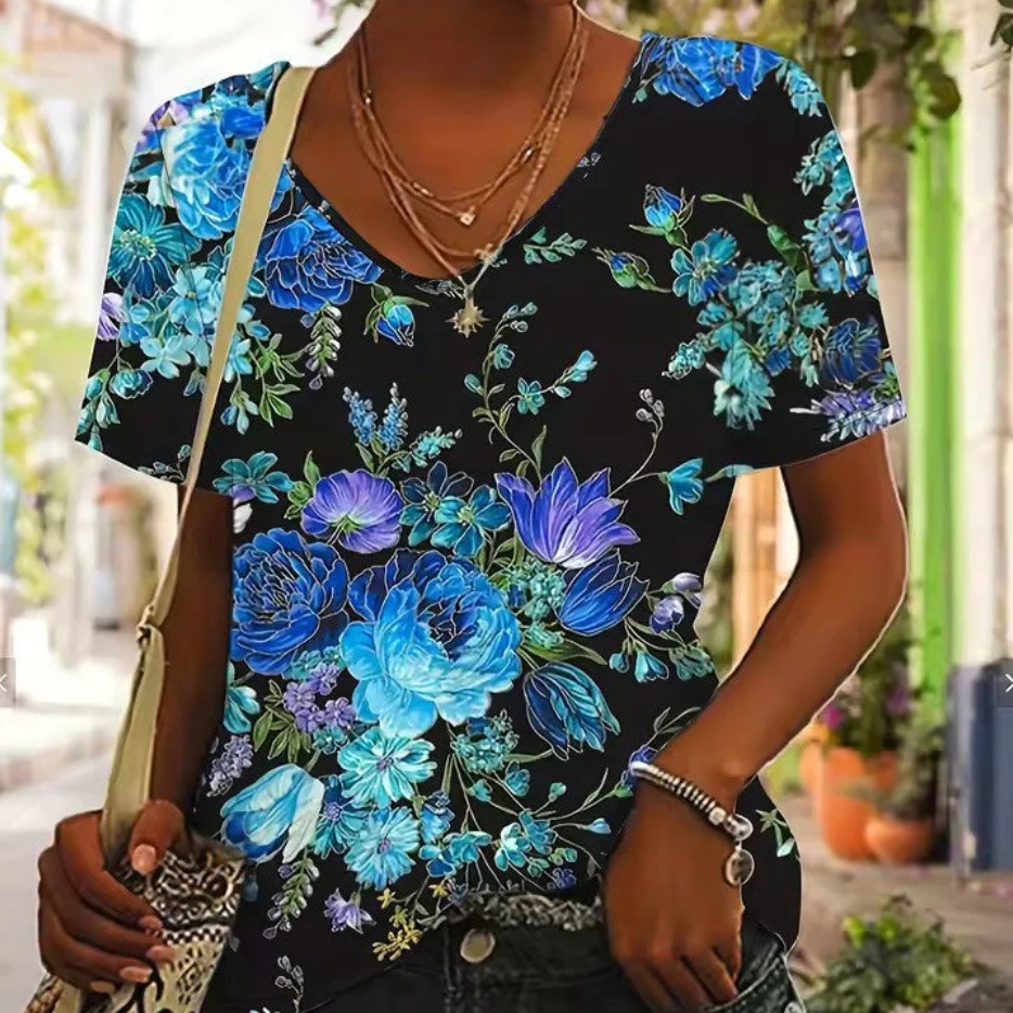 Womens Short-Sleeve V-Neck Floral Print T-Shirt