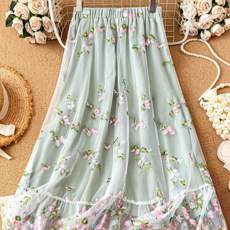 Double-layer Tulle A-line Maxi Skirt With Three-dimensional Embroidered Flowers