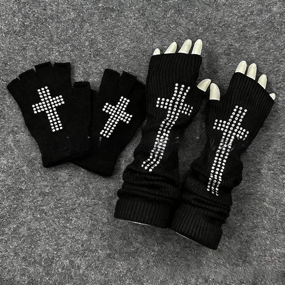 Knitted Cross-bead-print Fingerless Gloves Arm Warmers Headbands Hats