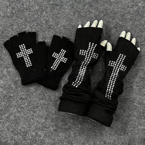 Knitted Cross-bead-print Fingerless Gloves Arm Warmers Headbands Hats