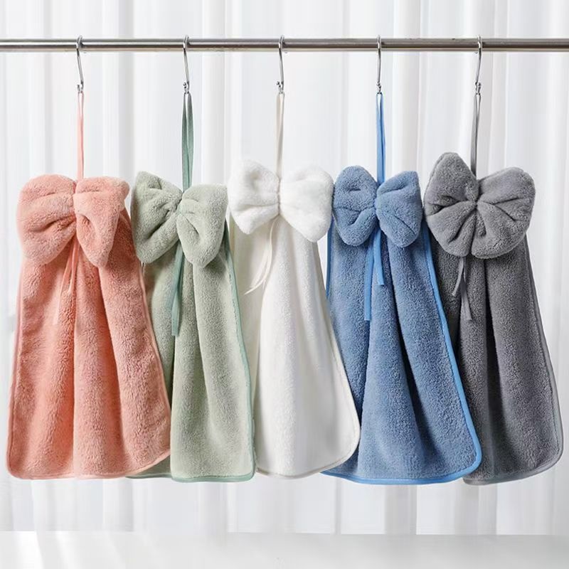 High Density Coral Velvet Bow Cute Hanging Hand Towel Absorbent