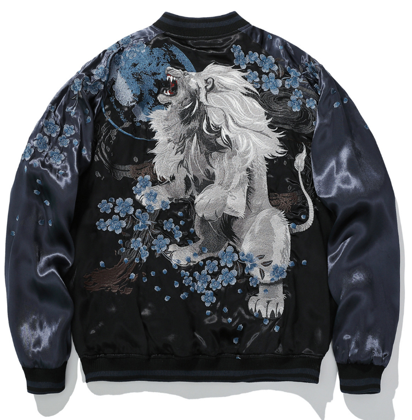 Fashionable Casual Embroidered Lion Baseball Jacket