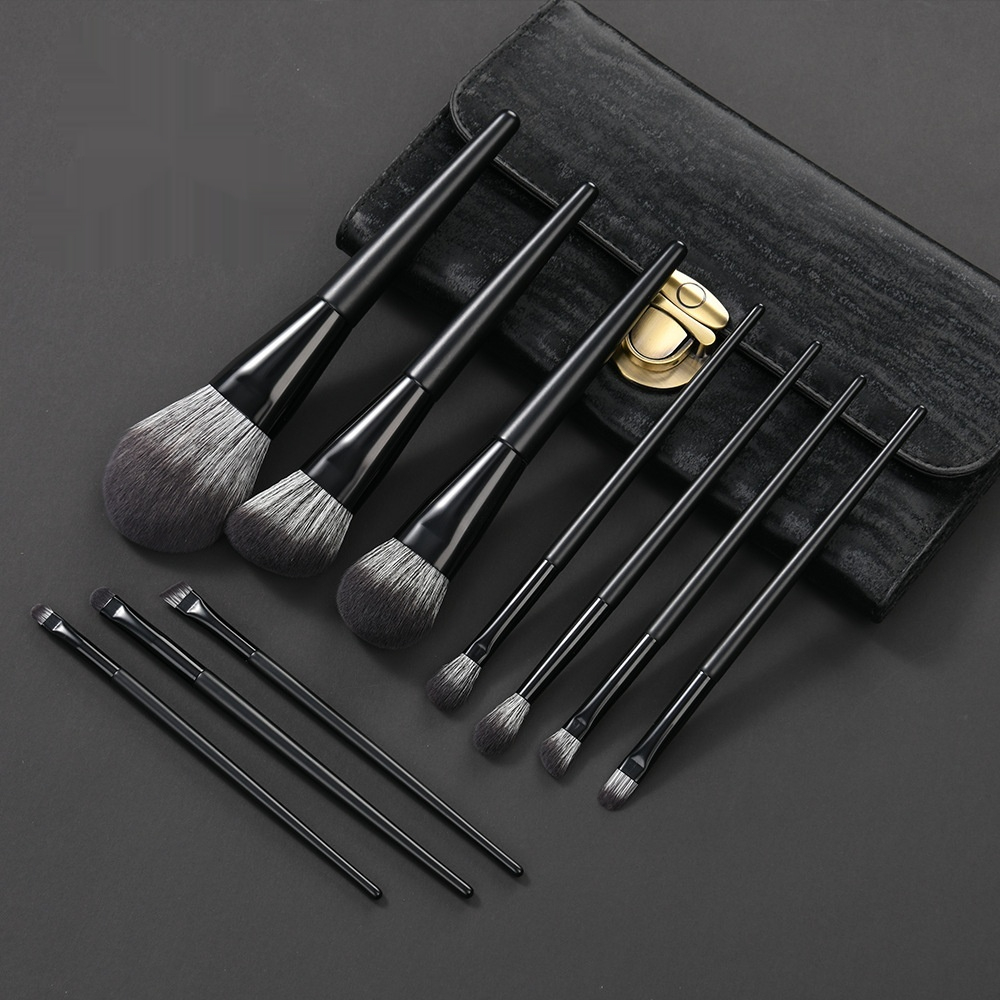 Nylon-bristle Matte Black Makeup Brush Set, Portable