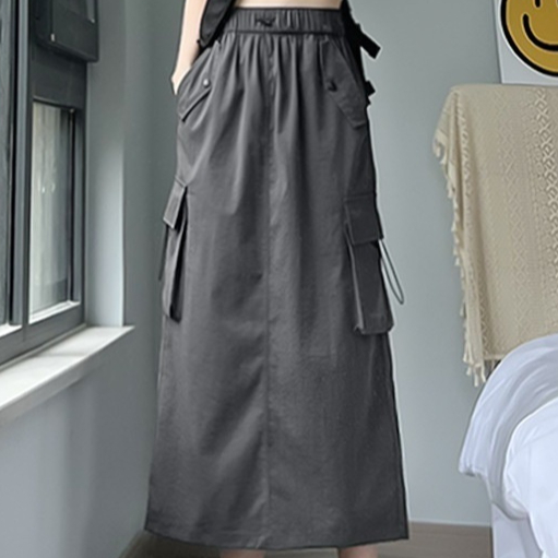 High-waisted A-line Figure-flattering Versatile Mid-length Gray Skirt