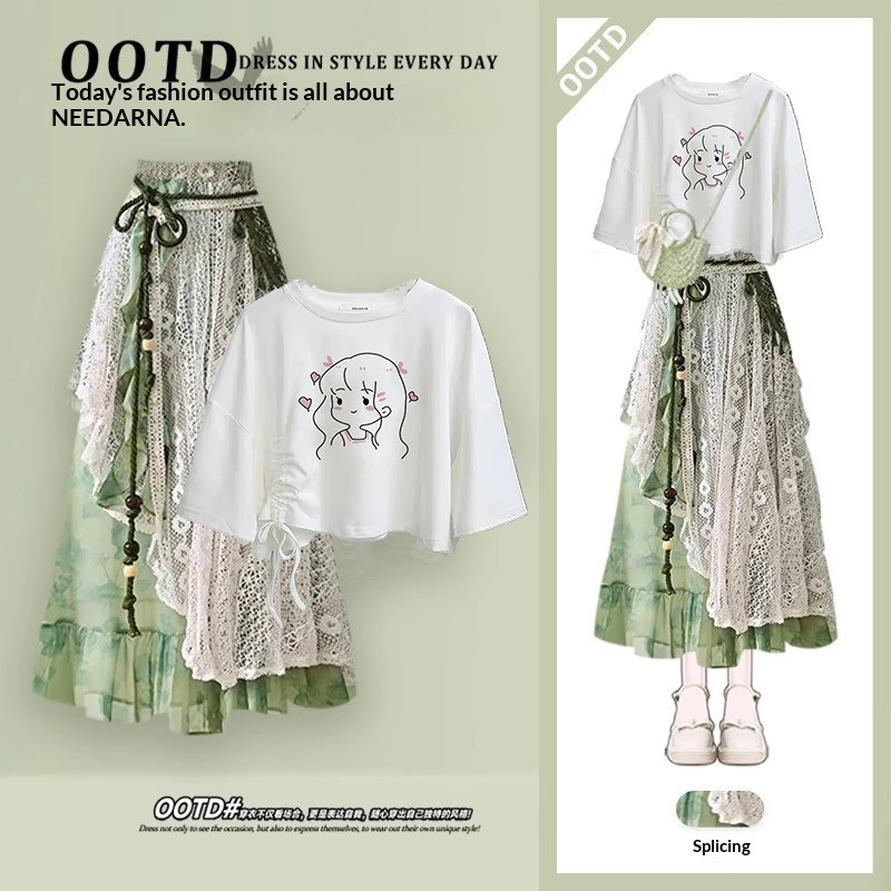 Strap-top Short-sleeve Vacation Two-piece Set With A Patchwork Skirt — foto 4
