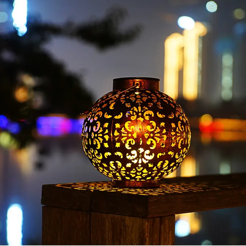 Wrought Iron Portable Lantern Solar-Powered Hanging Lamp