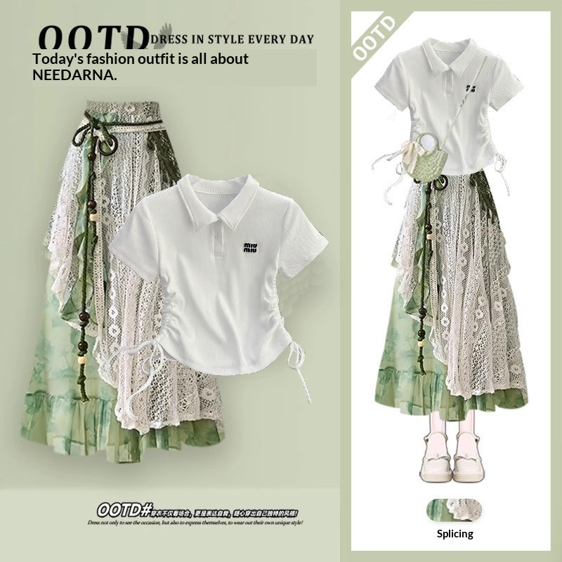 Strap-top Short-sleeve Vacation Two-piece Set With A Patchwork Skirt
