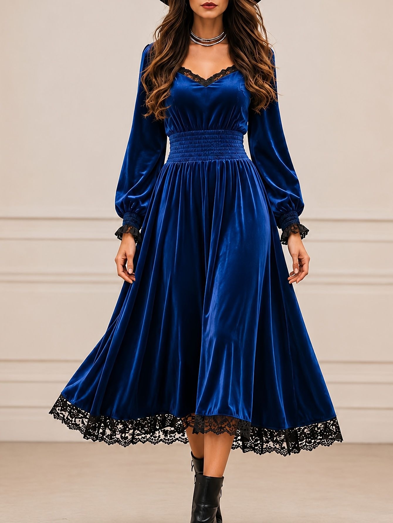 Casual Autumn Lace-Patchwork Velvet Evening Dress — foto 6